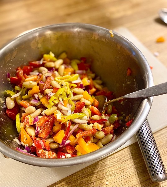 bean salad in a metal bowl