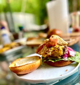 hamburger on a table outside